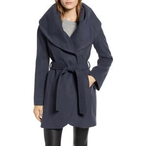 Tahari Marla Medium Misty Blue Belted Wrap Coat NWT Wool Blend Elegant
